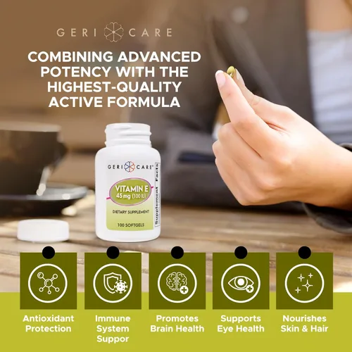 Miniatura 5 de GeriCare Cápsulas de vitamina E de alta potencia – 100 UI para la piel y el apoyo inmunológico, 45 mg 100 unidades Vitamina E orgánica