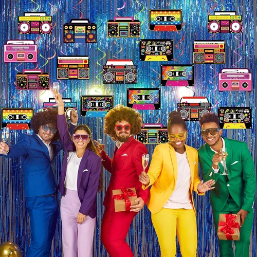 Miniatura 7 de 60 espirales colgantes retro Boombox de los años 80 y 90 para fiesta, decoración colgante de cassette, cinta de casete, serpentinas de techo