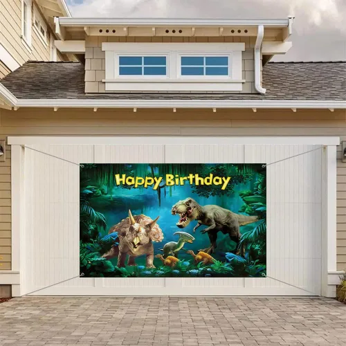 Miniatura 4 de Renaiss Cartel de feliz cumpleaños de 6 x 3.6 pies, decoración de fiesta de dinosaurios, jurásico, cretácico, selva, loca, aventura, fondo