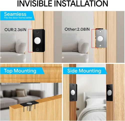 Miniatura 5 de Mousike Accesorios para atrapar bolas de puerta, cierre magnético oculto ajustable, placa de golpeo de acero inoxidable con fuerte succión, Negro