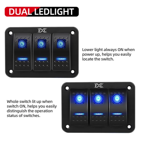 Miniatura 2 de FXC Panel de Interruptor Basculante de Aluminio 3 Bandas Interruptores de Palanca 5 Pines ENCENDIDO/APAGADO 2 LED Retroiluminado para Barco Coche 3