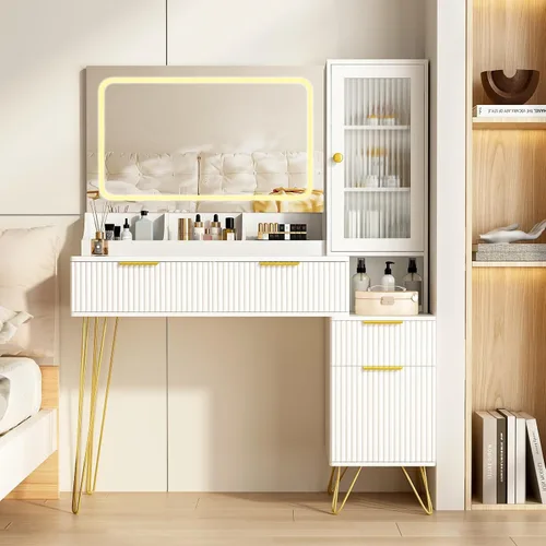 Miniatura 2 de Escritorio de tocador de 43 pulgadas con espejo y luces, mesa de tocador de maquillaje con 4 cajones, tocador blanco para dormitorio, escritorio