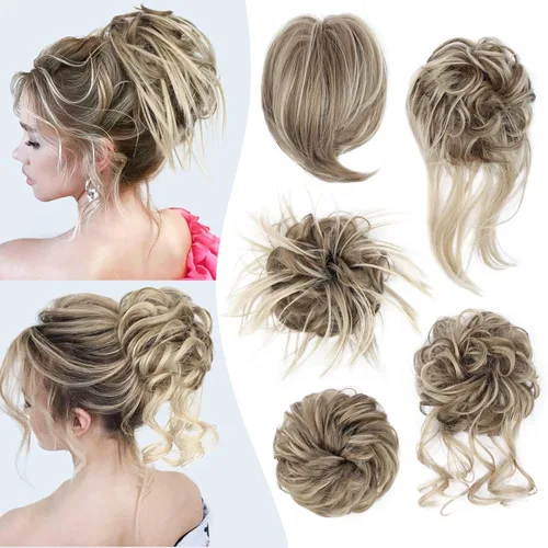 Miniatura 25 de HMD 5 piezas de moño despeinado para mujer, extensión de cabello con banda de goma elástica, extensión de cabello largo y desordenado, accesorios