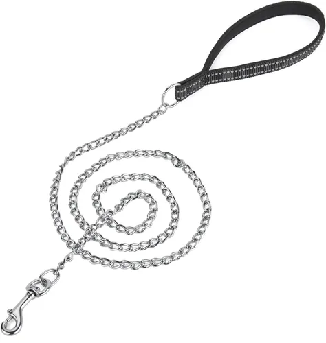 Miniatura 15 de Correa de cadena de metal chapado en cromo con mango acolchado suave para perros pequeños (S, mango negro)