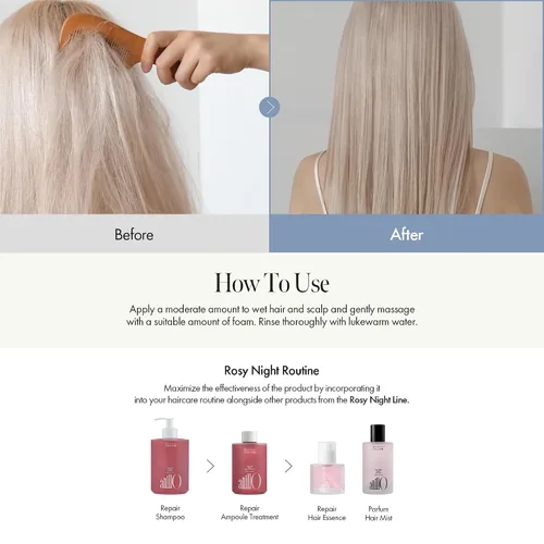 Miniatura 6 de ANILLO Rosy Night Repair Shampoo – Anti-caspa y reparación de daños con agua de rosa de damasco y ceramida – Color seguro, sin silicona ni sulfato