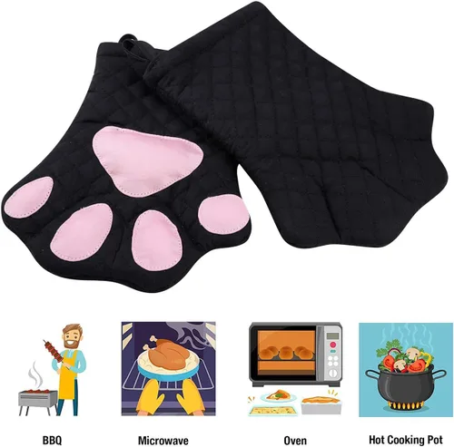 Miniatura 4 de Guantes para Horno, Diseño de Gato, Guantes de Cocina Resistentes al Calor con Forro de Algodón Acolchado - Guantes Portaollas Resistentes al Calor