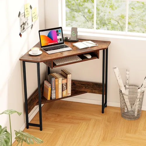 Miniatura 2 de Tangkula Escritorio esquinero con bandeja para teclado, escritorio de esquina triangular de 90 grados para espacio pequeño, escritorio industrial