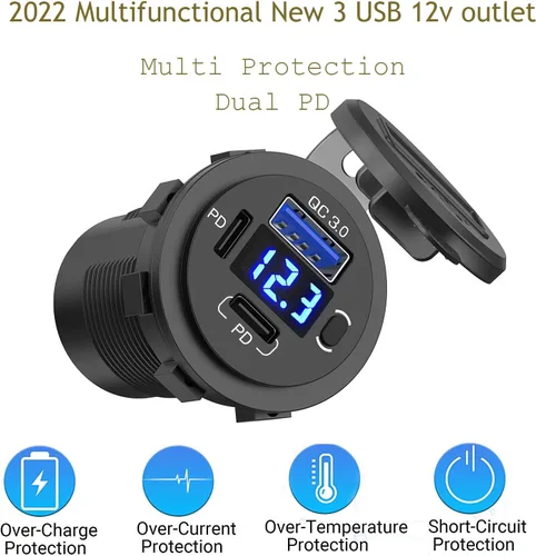 Miniatura 4 de Toma de corriente USB de 12 V, enchufe de cargador de coche USB C dual y puerto de carga rápida 3.0 con voltímetro e interruptor de alimentación
