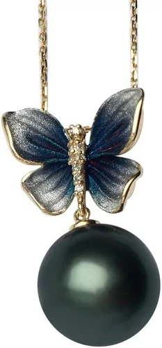 Collar con colgante de mariposa de perlas negras reales para mujer con perlas cultivadas de Tahití negras genuinas de calidad AAAA+ Collar de oro