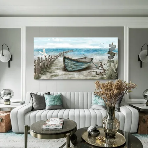 Miniatura 29 de Arte de pared para baño, decoración costera, barco náutico en la playa, lienzo con imagen de gaviota del océano, paisaje marino, arte de granja