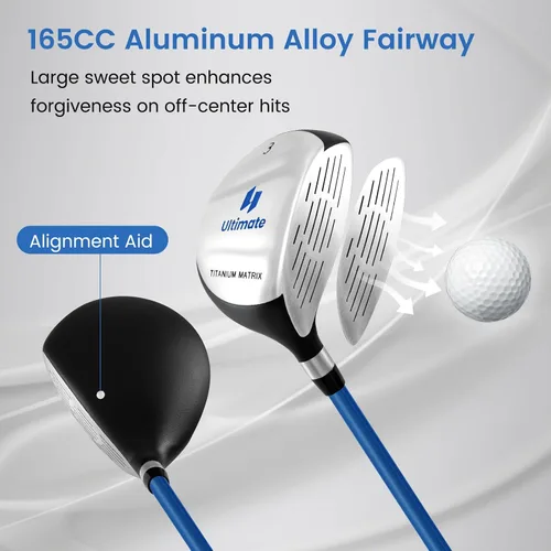 Miniatura 2 de Juego de palos de golf junior Tangkula para niños diestros, incluye madera de fairway #3 y hierros #7/#9, putter, funda para la cabeza y capucha Azul