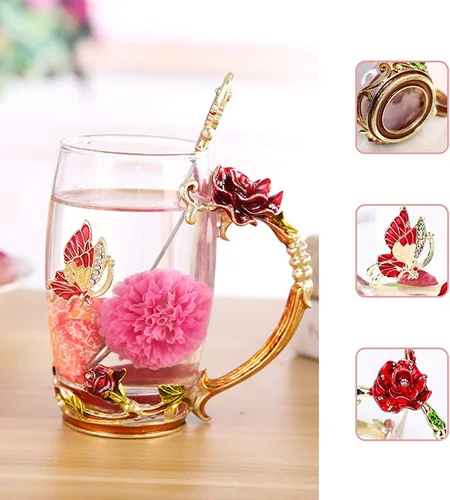 Miniatura 3 de Regalos de Cumpleaños para Mujeres, Taza de Té de Vidrio con Flor de Mariposa Esmaltada Taza de Café Roja Rosa, Regalos Lindos para Mamá Abuela Rojo