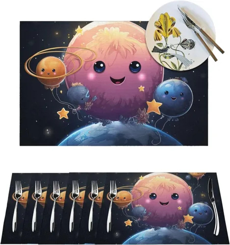 6 PCS PVC Placemats Set Place Mats Cute Planet Non-Slip Weave Place Mats 12" x 18" Farmhouse Table Mat Set for Family Dinners Wedding Parties