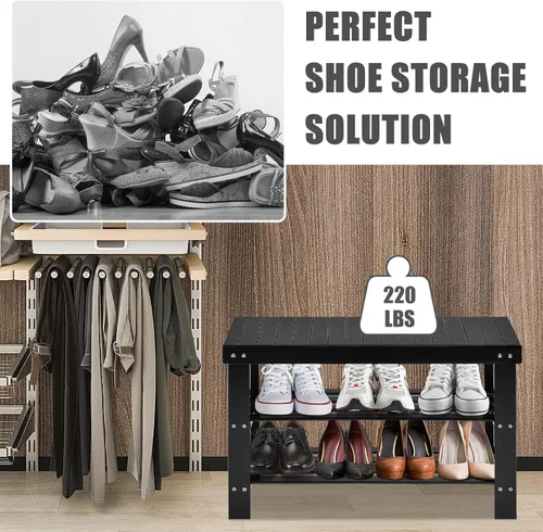 Miniatura 6 de Giantex Banco de zapatos de entrada, organizador de zapatos de bambú con capacidad para hasta 6 pares, 3 niveles de almacenamiento de zapatos Negro