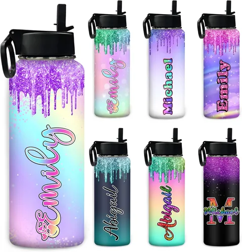Miniatura 12 de Botella de agua personalizada, botella de agua deportiva personalizada con nombre, botella de acero inoxidable aislada al vacío con tapa