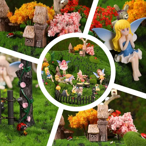 Miniatura 4 de Juego de 58 piezas de jardín en miniatura, diseño de flores, ángel, casa de hadas, animales, árboles, suministros de diorama, mini figuras