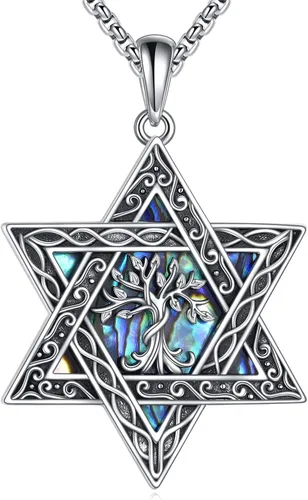 Miniatura 2 de CRMAD Collar de plata de ley con cruz de David, símbolo de paz, urnas, árbol de la vida, concha de abulón, joyería judía para mujeres y hombres