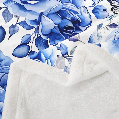 Miniatura 4 de Homewish Manta de cama con estampado de flores, manta de porcelana azul y blanca para niños y niños, manta sherpa de poliéster ligera con estampado