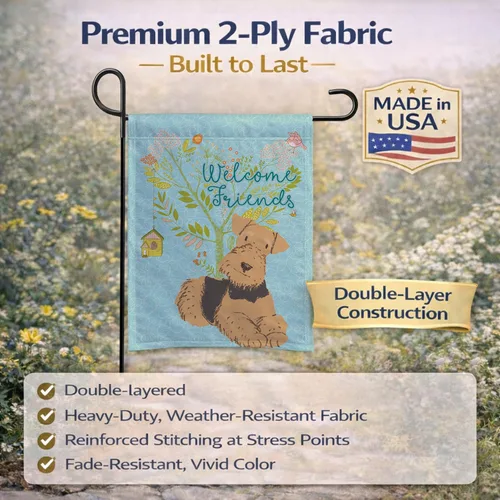 Miniatura 5 de Caroline's Treasures BB7625GF - Bandera decorativa para jardín con texto en inglés "Welcome Friends" Airedale Terrier, para jardín, jardín, patio