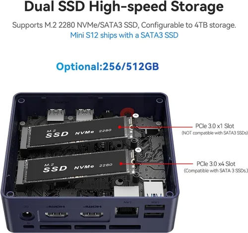 Miniatura 4 de Beelink Mini PC Mini S12 Intel 12th Lake N95 (3.4 GHz 4C/4T), 8 GB DDR4 256 GB SSD, pantallas HDMI 4K duales, mini computadoras compatibles