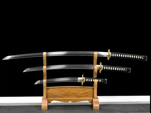 Miniatura 3 de Juego de espada samurái japonesa templada de arcilla funcional completa Katana Wakizashi Tanto Set 3 piezas puede cortar árbol