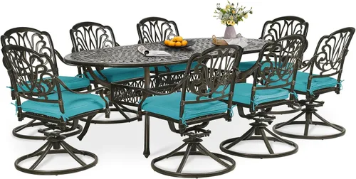 Miniatura 27 de Juego de comedor de patio de 9 piezas, mesa y sillas de patio al aire libre, mesa de comedor ovalada de aluminio fundido de 84 pulgadas con agujero