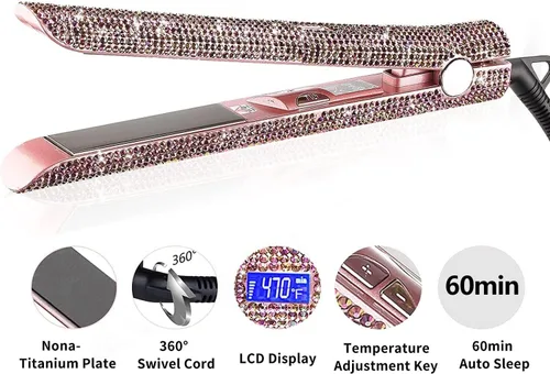 Miniatura 4 de Plancha plana de titanio con magnífico diamante de imitación de cristal, alisador y rizador de pelo 2 en 1, apagado automático de 60 minutos, Rosa