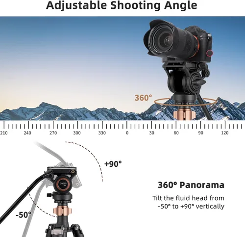 Miniatura 2 de Cayer FP2450 Trípode de cabeza fluida, trípode de video de aluminio de 75 pulgadas, trípode de cámara compacta de 4 secciones con cabezal fluido