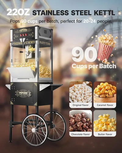 Miniatura 2 de Máquina comercial de palomitas de maíz de 22 onzas con carrito, máquina grande de palomitas de maíz que hace hasta 90 tazas, máquina de palomitas