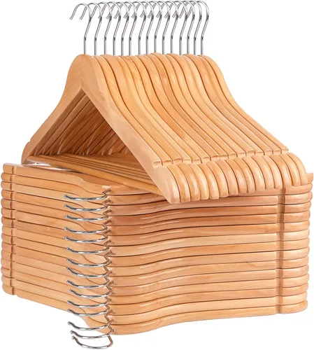 Miniatura 9 de Paquete de 10 perchas de madera antideslizantes con gancho giratorio de 360° y muescas, perchas sólidas y delgadas para camisa, traje, chaqueta