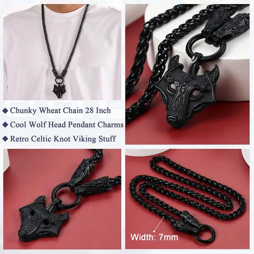 Miniatura 3 de FaithHeart Collar grueso de collar vikingo nórdico punk, de acero inoxidable, nudo celta, cabeza de lobo, amuleto, joyería de regalo