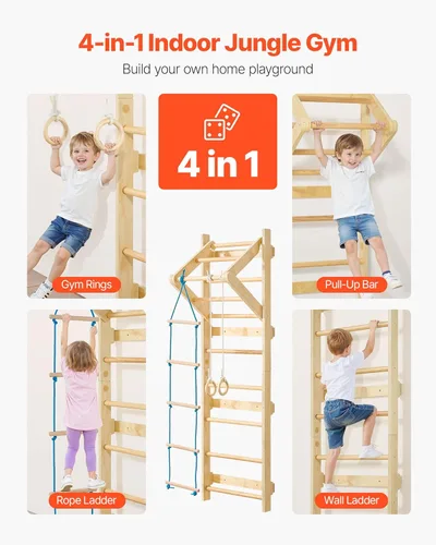 Miniatura 2 de VEVOR Escalera Sueca de Pared, Gimnasio 4 en 1 de 8 Niveles para Interiores, Barras de Gimnasia de Madera Sólida con Capacidad de Carga de 220LBS