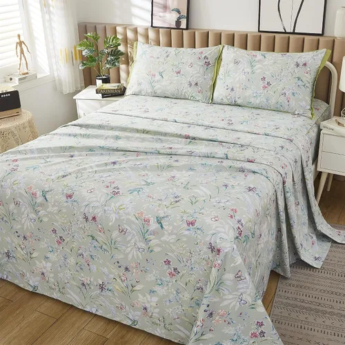Miniatura 16 de ABREEZE Juego de sábanas de algodón egipcio tamaño individual (1000 hilos) floral y fundas de almohada (4 piezas), sábanas de algodón egipcio