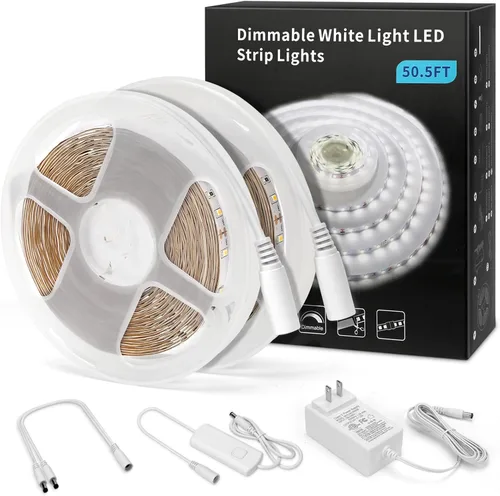 Miniatura 12 de MYPLUS - Tira de luces LED de color blanco, 16.4 pies, luz diurna blanca de 6000 K, cinta de luces LED con 700 lúmenes regulables y 300 LEDs, tira