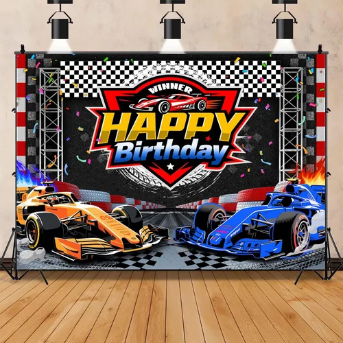 Miniatura 13 de Telón de fondo de feliz cumpleaños de 7 x 5 pies, cartel de fiesta de coche de carreras, pista de carreras, fondo de fotos a cuadros negros