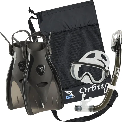 IST Orbit Snorkeling Gear Set: máscara de vidrio templado, esnórquel seco y aletas de trek para viajes compactos Silicona negra/verde