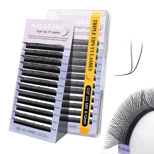 Miniatura 20 de Suministros de extensiones de pestañas NAGARAKU yy, pestañas falsas 0.05mm rizado D, bandeja mixta 8-12mm, prefabricadas 4D, abanico fácil, volumen