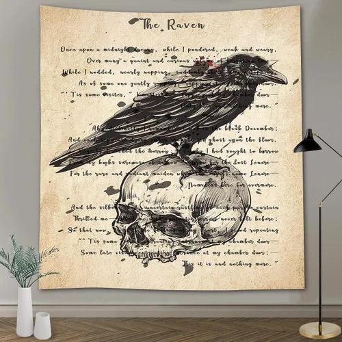 Miniatura 14 de FEASRT Tapiz gótico de calavera y cuervo, tapiz de pared The Raven Edgar Allan Poe, póster rústico de 51 x 60 pulgadas para sala de estar