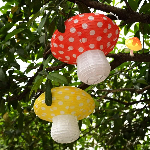 Miniatura 8 de Paquete de 6 linternas de papel de hongo, faroles de papel grandes de Cynzia con temática de selva del país de las maravillas, adorno colgante