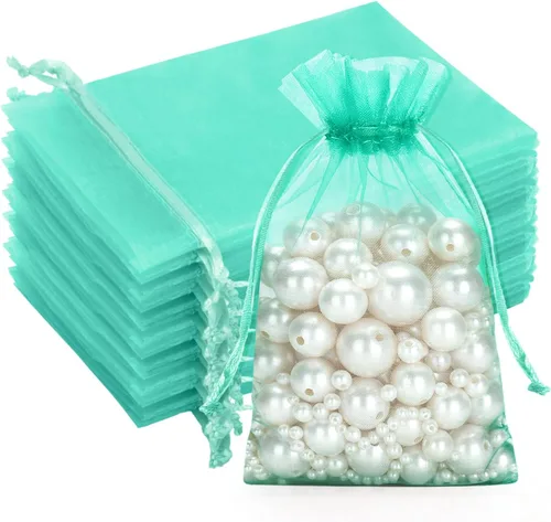 G2PLUS Bolsas de organza con cordón de 4 x 6 pulgadas, 100 bolsas de organza azul aguamarina, bolsas de malla transparente para joyas, bolsa de