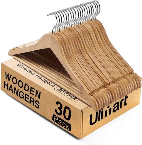 Miniatura 8 de Paquete de 30 perchas de madera, percha para ropa de uso diario, percha para abrigos en el armario, perchas de madera resistentes para trajes, Nogal