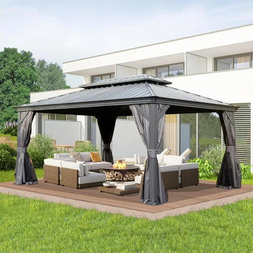 Miniatura 12 de Domi - Cenador permanente de metal con techo rígido de 8 x 8 pies, con doble techo de acero galvanizado, cortinas y malla para fiestas, bodas, Gris