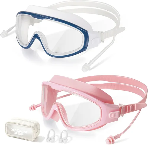 Miniatura 32 de Gafas de natación para adultos, a prueba de fugas, gafas de piscina antivaho, gafas de natación de visión amplia con tapones para los oídos y clip