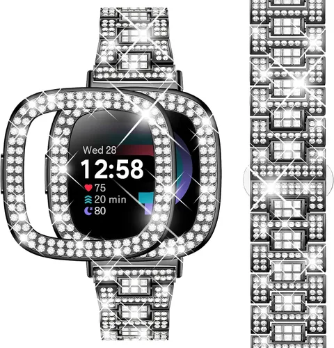 Miniatura 13 de Dsytom Bling Banda de Reloj Elegante Compatible con Fitbit Versa 4, Sense 2, Versa 3, Sense - Correa Linda con Funda Protectora de Rinstone