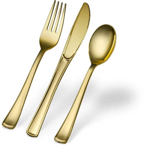 Miniatura 7 de Plasticpro Tenedores desechables de plástico dorado resistente, cubiertos de plástico elegantes que parecen cubiertos de oro real, utensilios