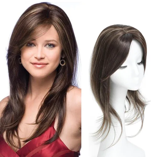 UDU Hair Toppers para mujer: Fibra sintética, marrón ceniza, multicapa, largo y lacio, ondulado, con clip en pelucas con flequillo Marrón con