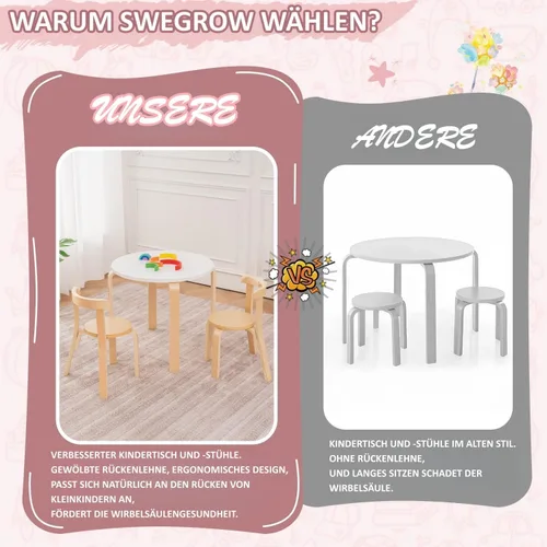 Miniatura 7 de Swegrow Juego de mesa y 2 sillas para niños, mesa y sillas de madera para niños y bebés, muebles de madera para niños para sala