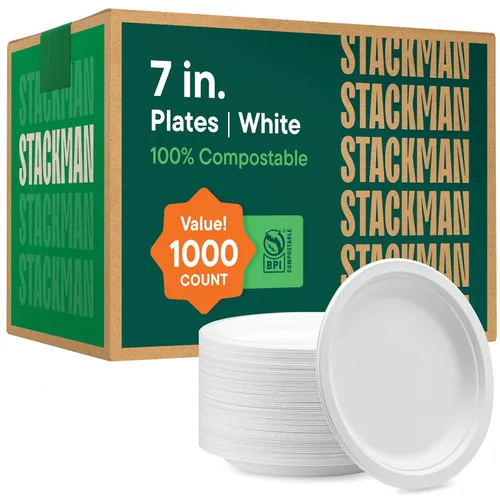 Platos de papel 100 % compostables de 7 pulgadas, 1000 unidades, platos de postre resistentes, bagazo sin blanquear de color blanco natural, platos