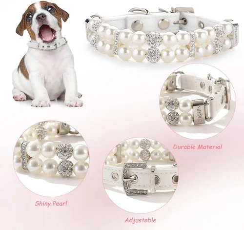 Miniatura 3 de HOWWFALY Collares de perlas para perros y gatos con diamantes de imitación de cristal, collar de piel sintética, collar ajustable para perros
