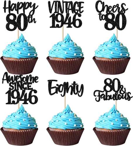Miniatura 35 de Rsstarxi Paquete de 24 adornos para cupcakes vintage 2019 con purpurina negra para 5º cumpleaños, saludos a 5, cinco, 5, 5 fabulosos para cupcakes